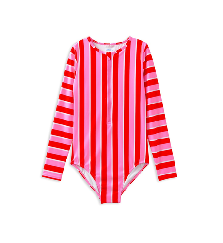 Milky Candy Stripe L/S Swimsuit - Super Pink