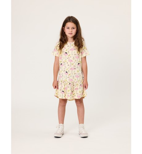 Kissed By Radicool Flamingoes Frill Dress - Buttercream