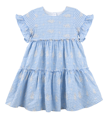 Designer Kidz Alice Gingham Tiered Dress - Blue Broderie