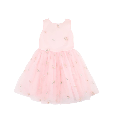 Bebe Pink Floral Embroidered Back Bow Tulle Dress