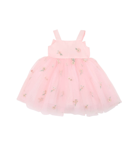 Bebe Pink Floral Embroidered Back Bow Tulle Baby Dress w Bloomers