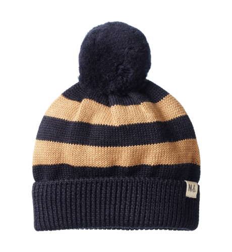 Nature Baby Alpine Pom Pom Beanie - Navy/Caramel Stripe