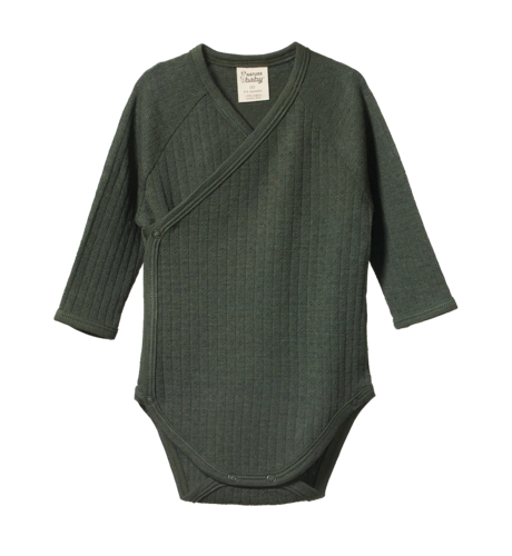 Nature Baby Merino Wool L/S Kimono Bodysuit Pointelle - Thyme