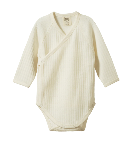 Nature Baby Merino Wool L/S Kimono Bodysuit Pointelle - Natural