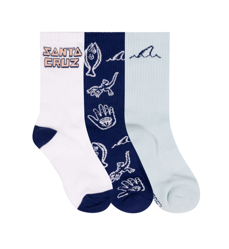 Santa Cruz Tripper Deconstruct Crew Sock 3 Pk  (Yth 2-8) - White/Dark Blue/Light