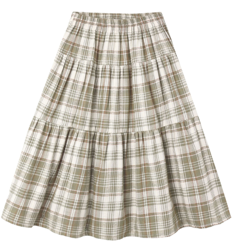 Rylee + Cru Tiered Midi Skirt Olive Dobby Plaid