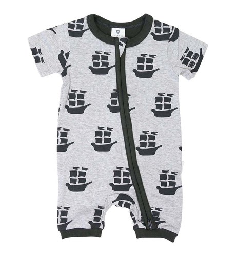 Korango Pirate Ships Zip S/S Romper - Charcoal