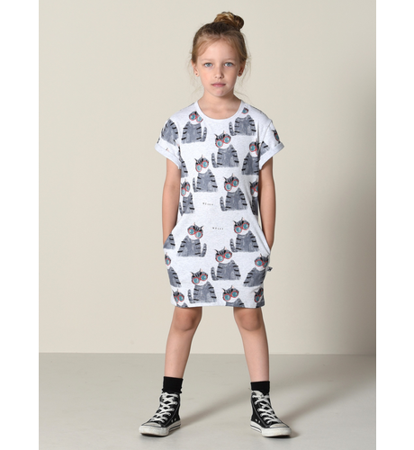 Minti Painted Cats Rolled Up Tee Dress - White Marle