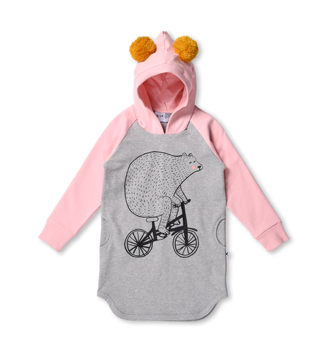 Minti Bear On A Bike Furry Hoodie Dress - Grey Marle/Ballet