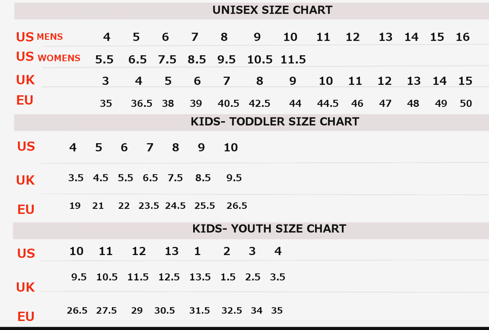 vans infant shoe size chart