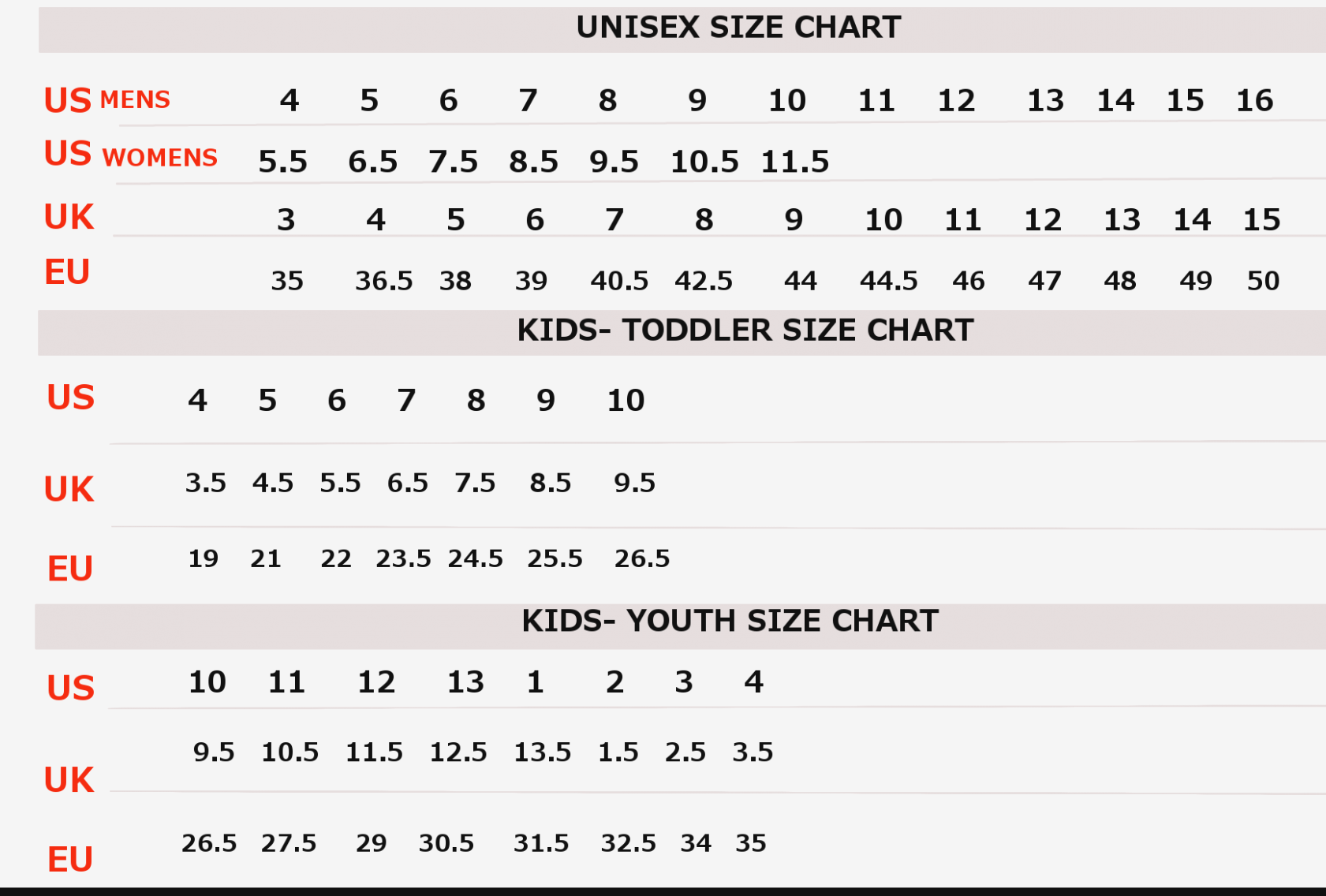 vans kids shoe size chart