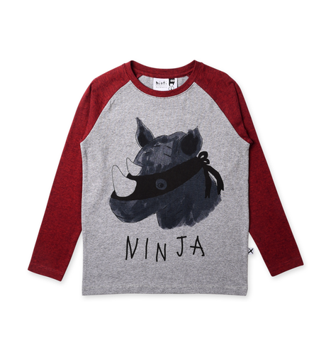 Minti Ninja Rhino Raglan Tee - Grey Motley/Red Motley