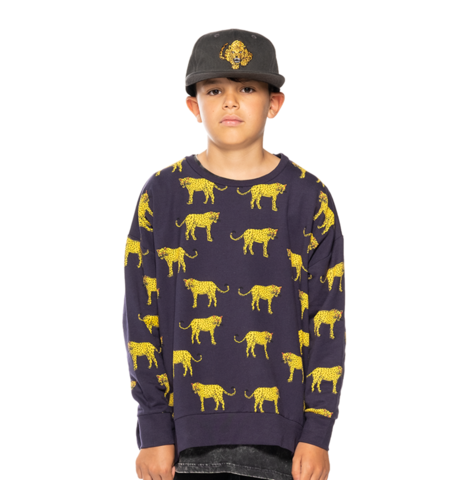 Band of Boys Yellow and Black Leopard Oversized Crew - Navy