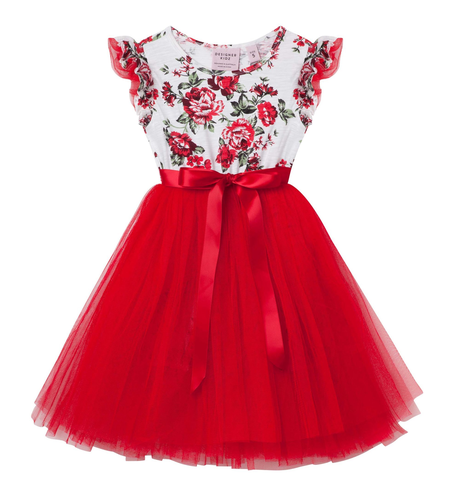 Designer Kidz Pearl Floral Tutu Dress - Red