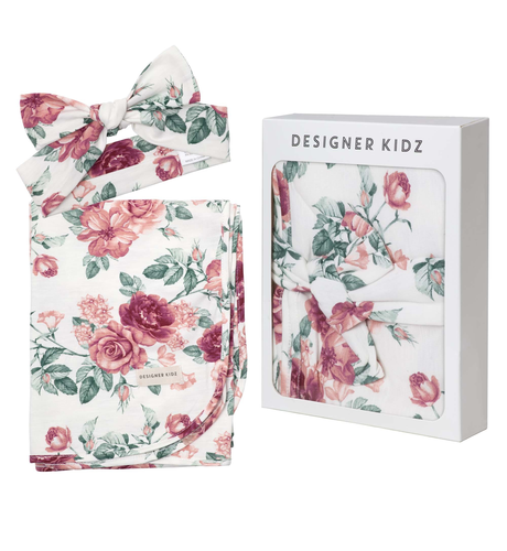 Designer Kidz Audrey Floral Swaddle & Headband Set - Tea Rose