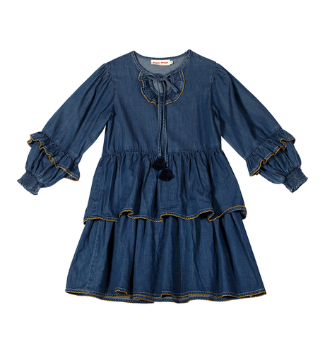 Paper Wings Shirred Dress with Frills - Faded Indigo