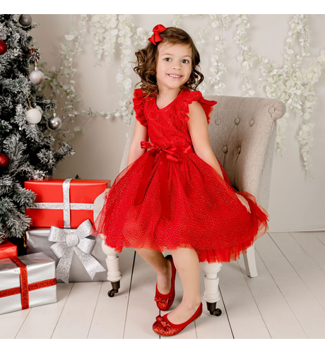 Designer Kidz Libby S/S Lace Tutu Dress - Sparkle Red