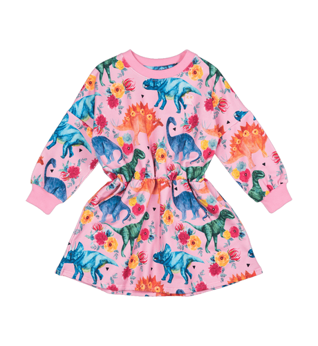 Rock Your Kid Pink Dino Floral Drop Waist Dress