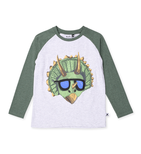 Minti Cool Triceratops Tee - White Marle/Forest Marle