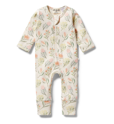 Wilson & Frenchy Organic Rib Zipsuit with Feet - Pretty Floral