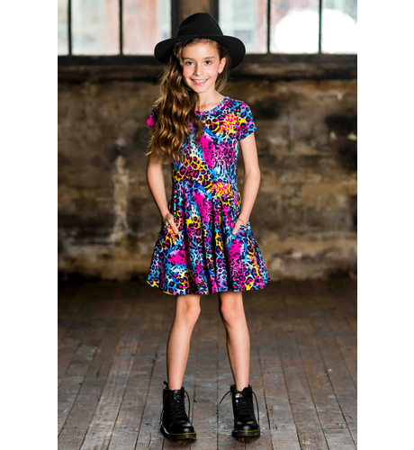 Rock Your Kid Blue Miami Leopard S/S Waisted Dress