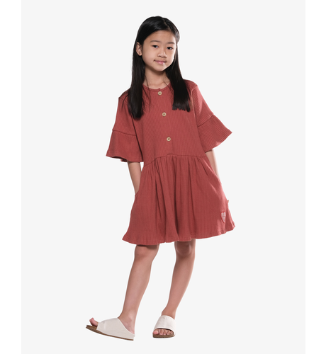 The Girl Club Sangria Cotton Rib Flare Sleeve Button Front Dress