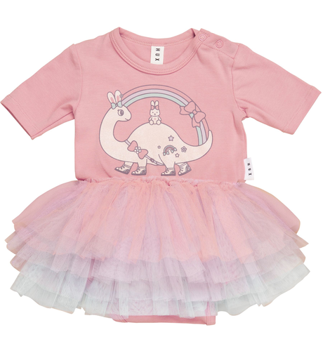 Huxbaby Dino Rainbow Layered Ballet Onesie - Dusty Rose