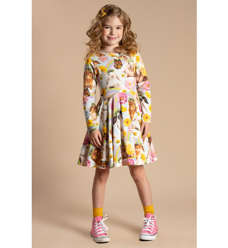 Rock Your Kid Floral Bunny Parade LS Waisted Dress
