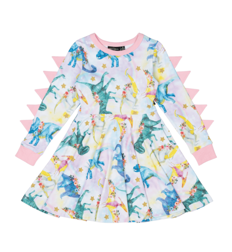 Rock Your Kid Dinosaur Parade LS Waisted Dress