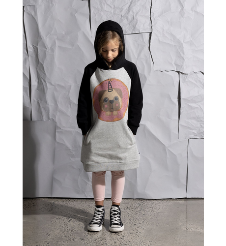 Minti Donut Pug Furry Hoodie Dress - Grey Mrl/Black