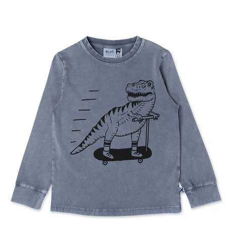 Minti Scooting Dino LS Tee - Midnight Wash