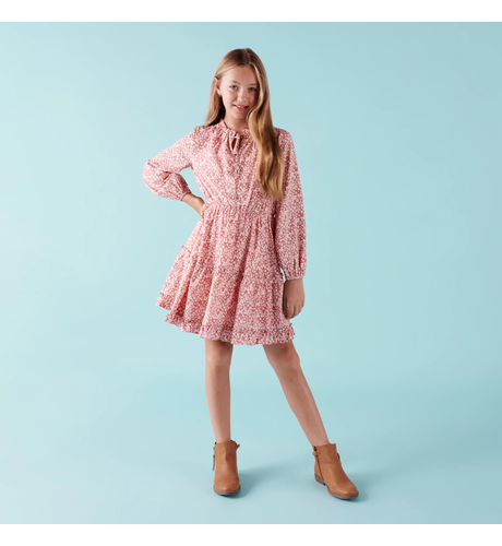 Designer Kidz Caitlin L/S Floral Frill Dress - Dusty Pink