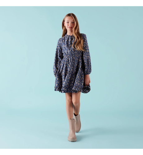Designer Kidz Caitlin L/S Floral Frill Dress - Navy