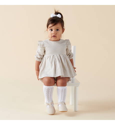 Designer Kidz Gigi Gingham L/S Dress & Bloomer Set - Oat