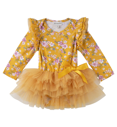 Designer Kidz Millie Floral L/S Tutu Romper - Honey Gold