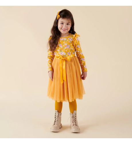 Designer Kidz Millie Floral L/S Tutu Dress - Honey Gold