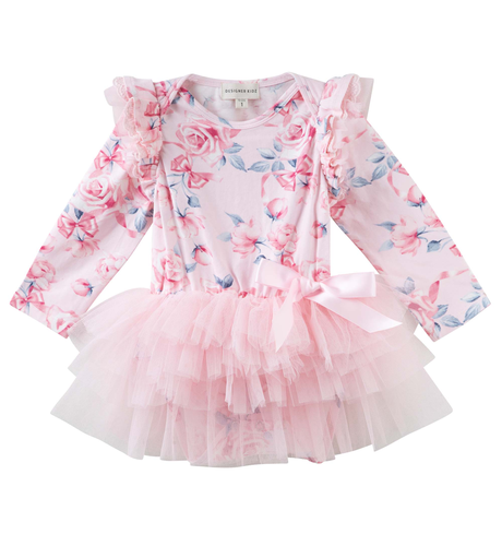 Designer Kidz Rose Bow L/S Tutu Romper - Pink