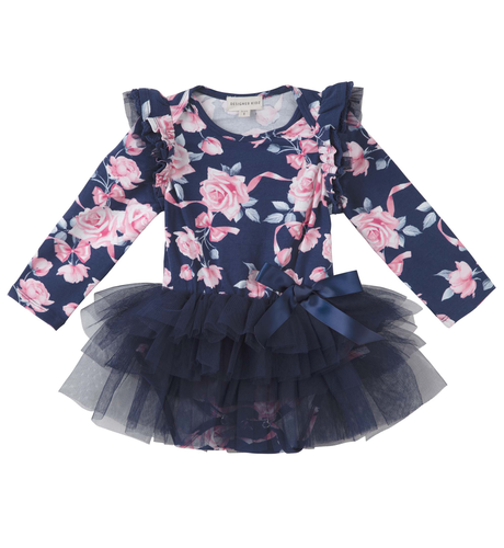 Designer Kidz Rose Bow L/S Tutu Romper - Navy