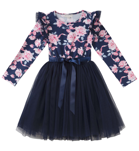 Designer Kidz Rose Bow L/S Tutu Dress - Navy