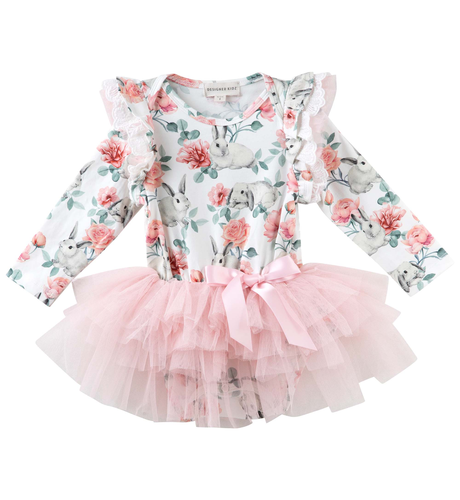Designer Kidz Bunny Floral L/S Tutu Romper - Soft Pink
