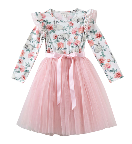 Designer Kidz Bunny Floral L/S Tutu Dress - Soft Pink