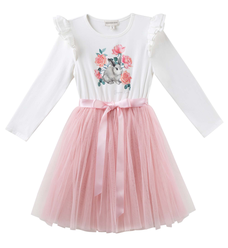 Designer Kidz Bunny Floral L/S Layna Tutu Dress - Soft Pink