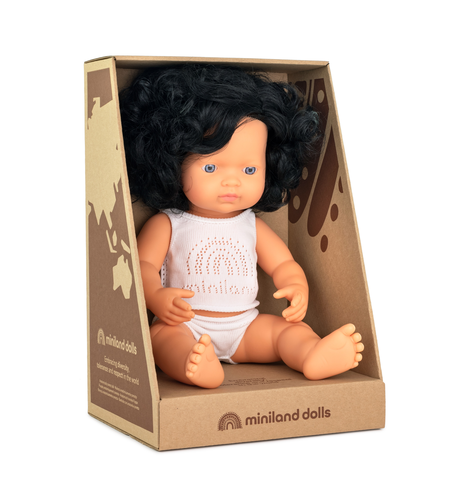 Miniland Doll Caucasian Curly Black Hair Girl - 38cm (Boxed)