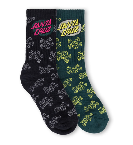 Santa Cruz Oval Dot Skull Socks 2pk (Youth 2-8) - Black/Green