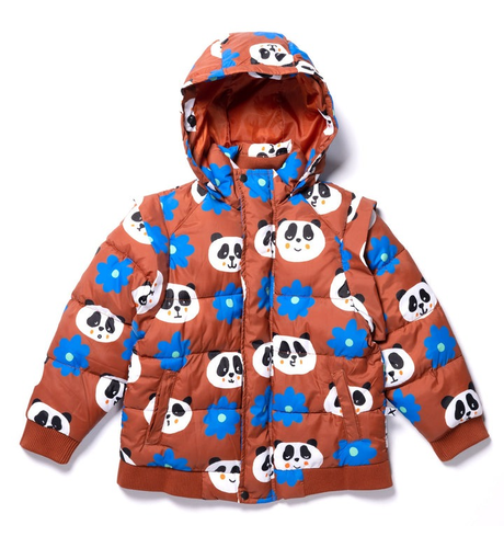 Minti Flowers & Pandas Puffa Jacket - Warm Orange