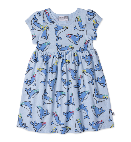 Minti Party Dolphins Dress - Light Blue Marle