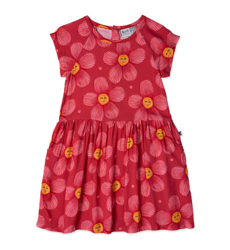 Minti Painted Flower Woven Dress - Cherry