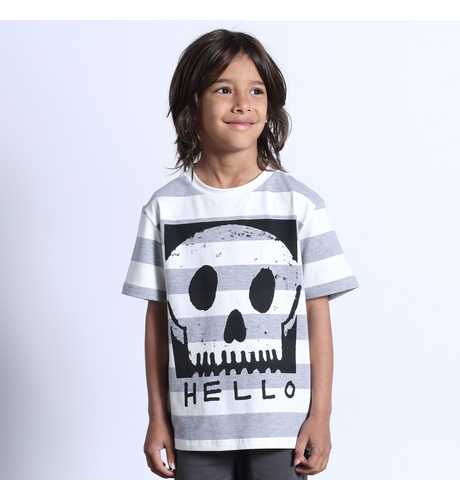 Minti Square Skull Tee - White/Grey Marle Stripe