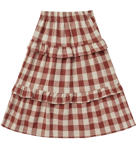 Rylee + Cru Ruffled Midi Skirt - Ruby Plaid