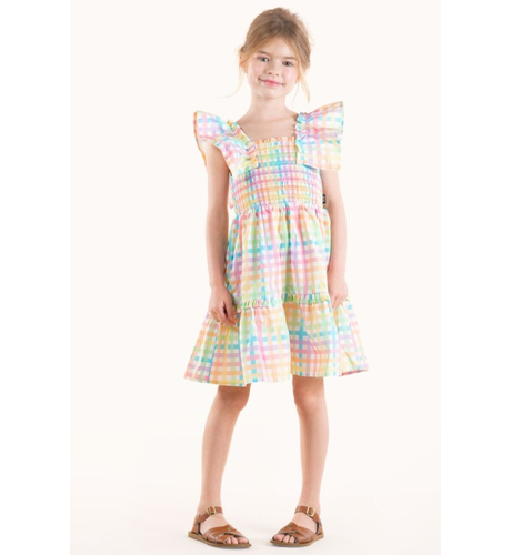 Rock Your Kid Rainbow Plaid Shirred Dress